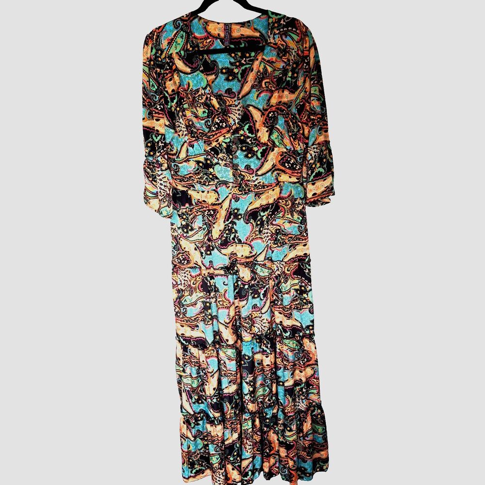 Anthropologie Me 2 Magic Boho Paisley Tiered Pheasant Boho Maxi Dress Buttons 1X